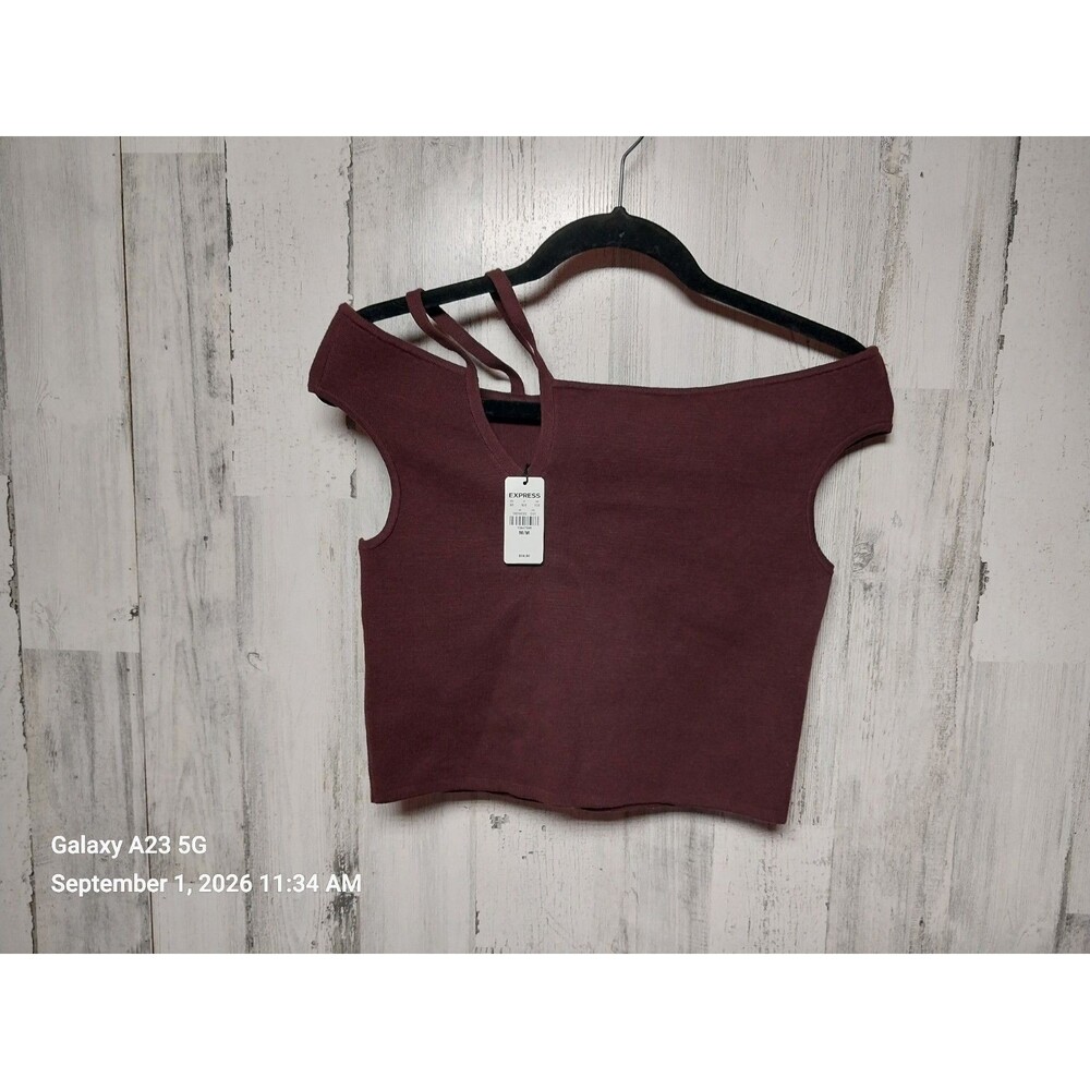 Express Women M Burgundy Knit Off The Shoulder Strappy Asymmetric Crop Top NWT